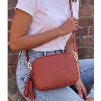 Tan Premium Leather Tassel Crossbody Bag Adjustable Strap & Zip Fastening