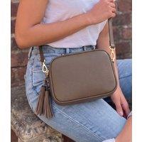 Dark Grey Premium Leather Tassel Crossbody Bag Adjustable Strap & Zip Fastening