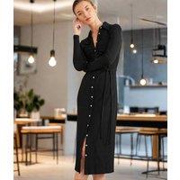 Black Buttoned Ribbed Midi Shirt Dress Size 10R