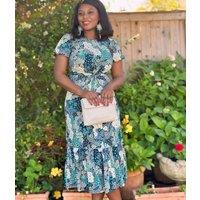 Teal Floral Summer Midi Dress Size 10