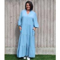 Blue Tiered Maxi Shirt Dress