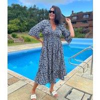 Navy Blue Shirred Detail Printed Midi Dress Size 8/10
