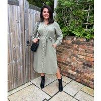 Khaki Tencel Belted Midi Shirt Dress Size 10S