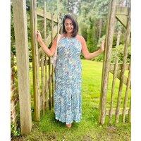 Blue Halter Neck Tiered Maxi Dress Size 10