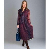 Burgundy Animal Print Tie Neck Midi Dress Size 10