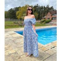 Blue Phoebe Leaf Print Shirred Dress Size 8/10