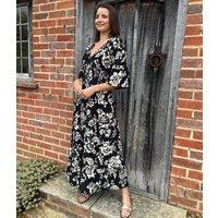Black Print Shirred Waist Midaxi Dress Size 8/10