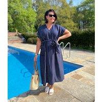 Navy Striped Midi Summer Dress Size One Size