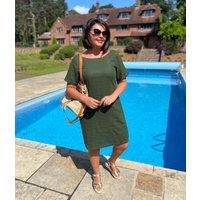 Khaki Self Stripe Linen Blend Dress-Seconds Size 10