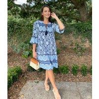 Blue Boho Shirred Printed Tassel Dress Size 12/14