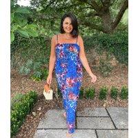 Blue Floral Shirred Midaxi Dress Size 12