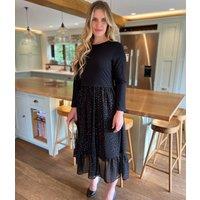 Black Sparkle Contrast Tiered Midi Dress Size 8