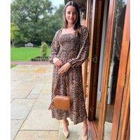 Leopard Print Shirred Midi Dress Size 8