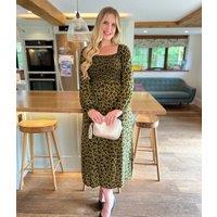 Khaki Leopard Print Shirred Midi Dress Size 8