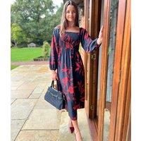 Red & Black Print Shirred Midi Dress Size 18