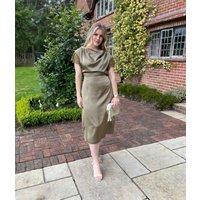 Olive Satin Cowl Neck Midi Dress Size 8
