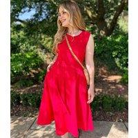 Red Sleeveless Belted Linen Blend Midi Dress Size 22