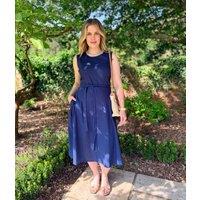 Navy Sleeveless Belted Linen Blend Midi Dress Size 16
