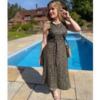 Green Animal Print Sleeveless Belted Linen Blend Midi Dress Size 10