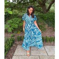 Marrakesh Teal Angel Sleeve Shirred Maxi Dress Size 12/14
