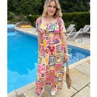 Postcard Print Shirred Midi Dress Size 14/16