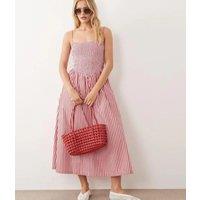 Red Striped Dipped Waist Smocked Midi Dress Size 6