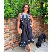 Black Devin Poplin Embroidered Midi Dress Size 8