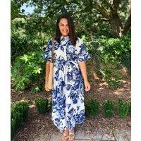 Navy Floral Midi Shirt Dress Size 14