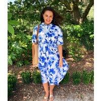 Blue Floral Midi Shirt Dress Size 16