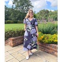 Navy Floral Linen Blend Puff Sleeve Midi Dress Size 12