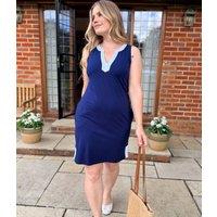 Navy White Trim Jersey Notch Neck Dress Size 10/12