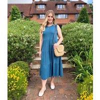 Teal Sleeveless Cotton Slub Jersey Tiered Midi Dress Size 12