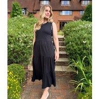Black Sleeveless Cotton Slub Jersey Tiered Midi Dress Size 12