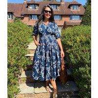 Navy Flower Print Waisted Midi Dress Size 6P