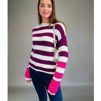 Burgundy Contrast Stripe Knitted Jumper Size 14/16