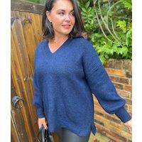 Navy Ribbed V Neck Jumper Size 10