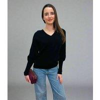 Black Fine Ribbed V Neck Jumper Size 12/14