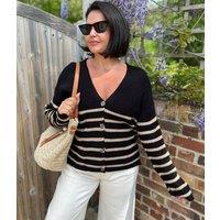 Black Striped Boxy V Neck Cardigan Size 16/18