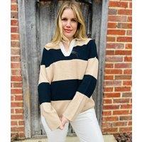 Black & Beige Soft Touch Striped Knitted Rugby Jumper Size 12/14