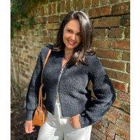 Navy Boucle Wool Blend Zip Up Jumper Size 20/22