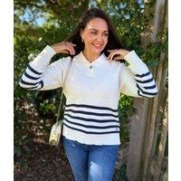 Navy Half Striped Collared Jumper Size 10