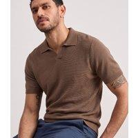 Mens Brown Revere Collar Linen Blend Polo Top Size S