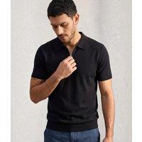 Mens Black Linen Blend Zip Polo Top - Imperfect Size S