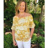 Mustard Leaf Print Bardot Top Size 6