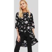 Black Floral Dipped Hem Top Size 10