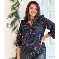 Multi Print Frill Neck Popover Blouse Size 20
