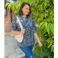 Blue Notch Neck Leopard Print Blouse Size One size