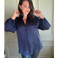 Navy Satin Popover Blouse Size 18