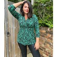 Green Leaf Print Twist Front Tunic Top Size 16