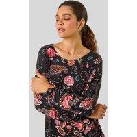 Black Banded Hem Printed Jersey Top Size 14